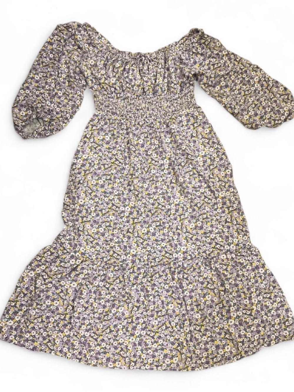 Gap Floral Midi Dress Smocked Prairie Women’s Size M Ruffled Hem Fitted Bodice